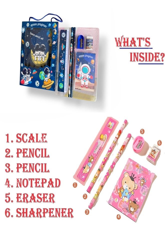 Shivom Stationery Set with Scale, Pencils, Notepad, Eraser and Sharpener, Multiple Themes - Space, Panda, Bear, Dinosaur, Themed Stationery Set for Kids (Set of 4) - Image 3